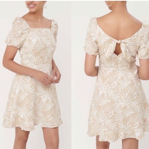 LOFT Womens Cream Linen Viscose Tropical Floral Tie Keyhole Back Dress Size 12 - Picture 1 of 13